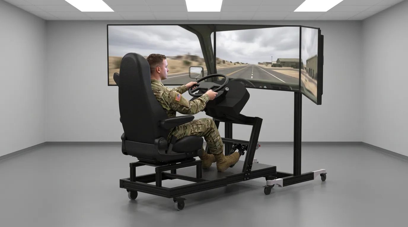 Stationaerer Militaer-Fahrsimulator mit Soldat in einem neutralen Uebungsraum