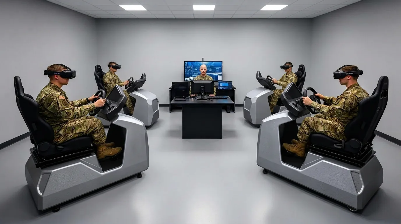 Soldaten trainieren mit MR-Headsets an Fahrsimulatoren im Ausbildungsraum